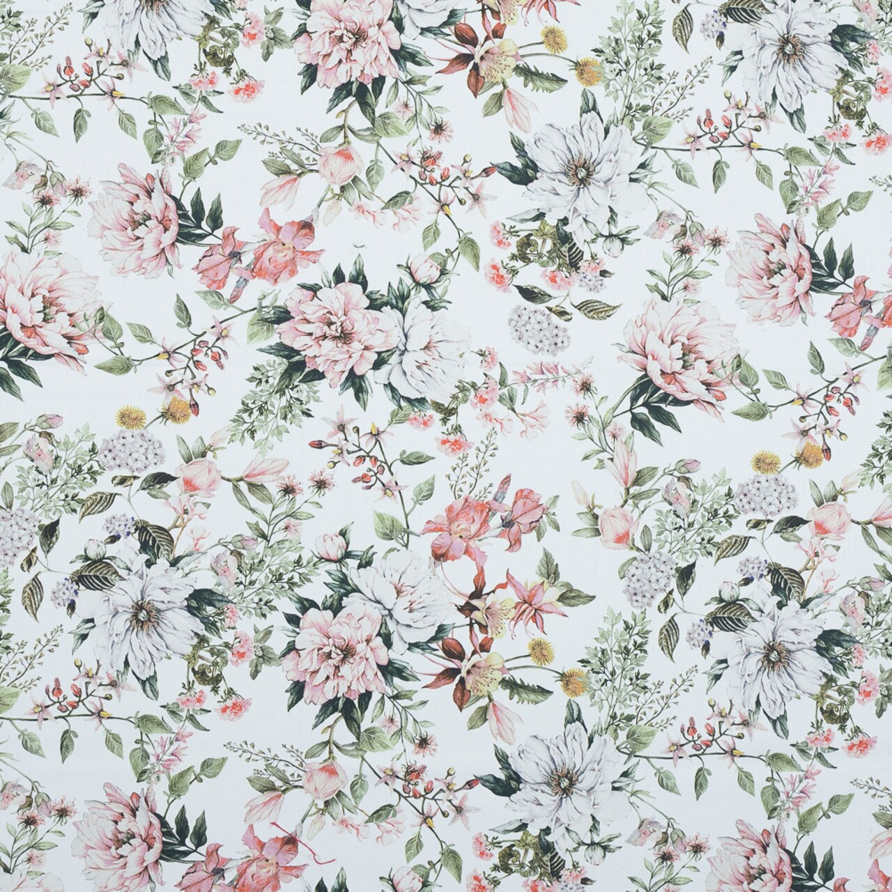 1 Yard Stretch Cotton Sateen Pink and Green Les Fleurs de Lamour Floral Print Fabric